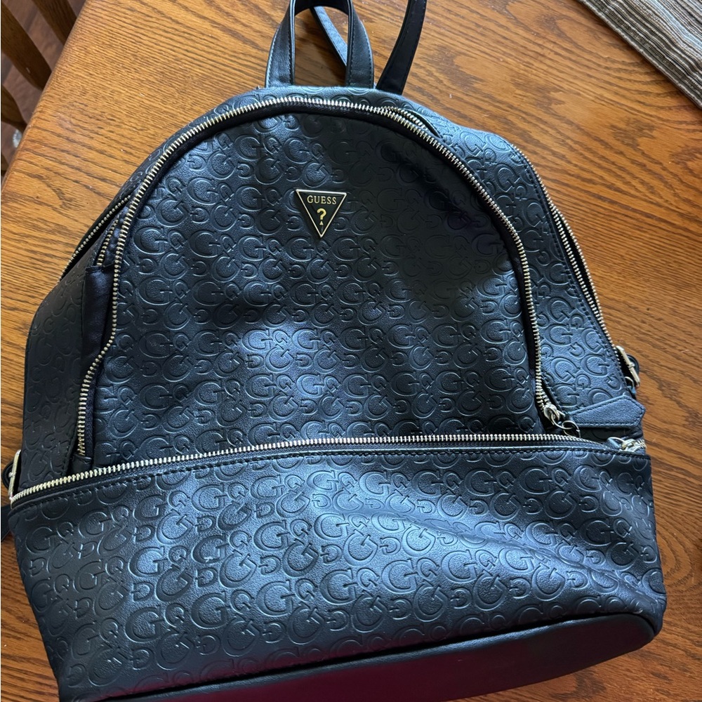 GUESS Embossed Black Backpack with Gold Details